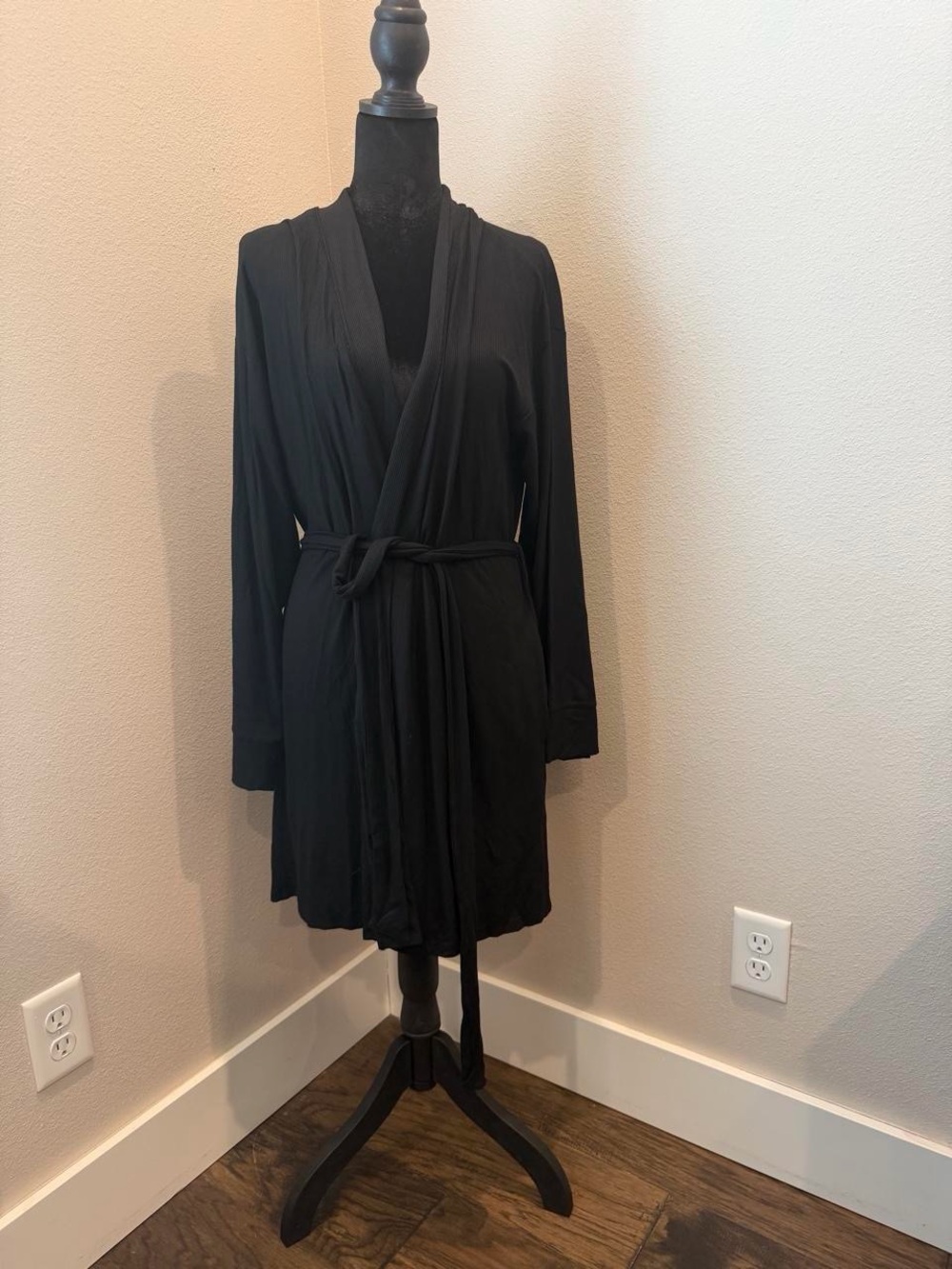 SKIMS Black Wrap Robe with Self-Tie Belt